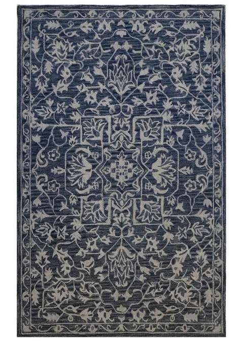 Saffron Rugs Navy Blue Oriental Floral Hand Tufted Wool Rectangular Rug