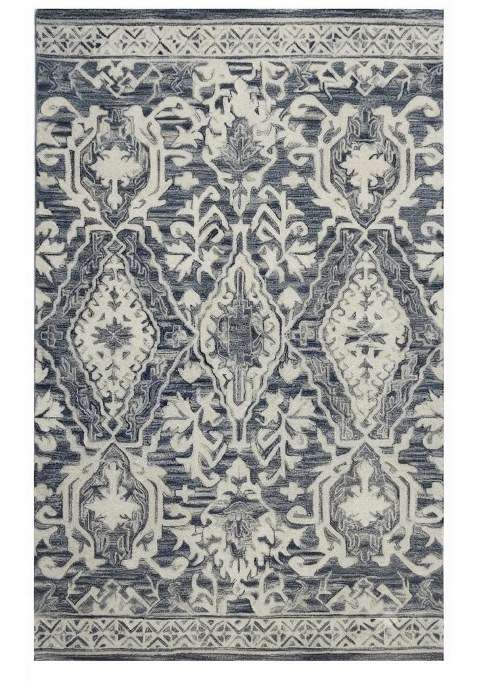 Saffron Rugs Blue Grey Classic Floral Hand Tufted Wool Rectangular Rug