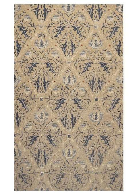 Saffron Rugs Beige Blue Transitional Floral Hand Tufted Wool Rectangular Rug