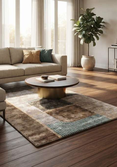 Saffron Rugs Beige Grey Teal Hand Tufted Viscose L Shape Rug