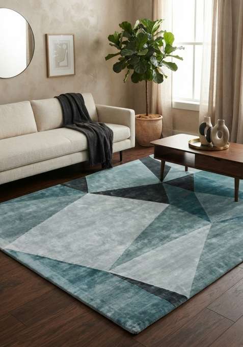 Saffron Rugs Teal Blue Hand Tufted Viscose Rectangular Rug