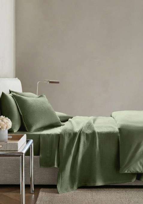 Olive Organic Ribbed Cotton Coverlet