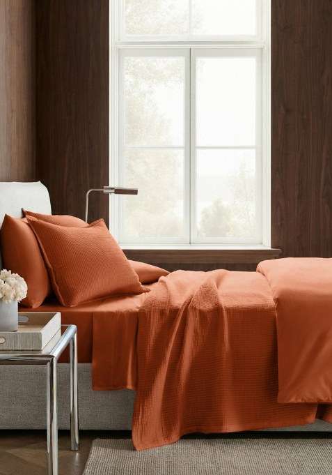Terracotta Organic Ribbed Cotton Coverlet Set