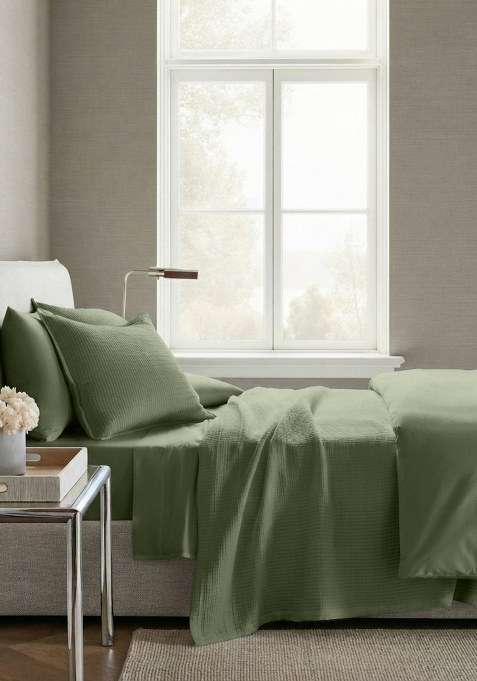 Olive Organic Ribbed Cotton Coverlet Set