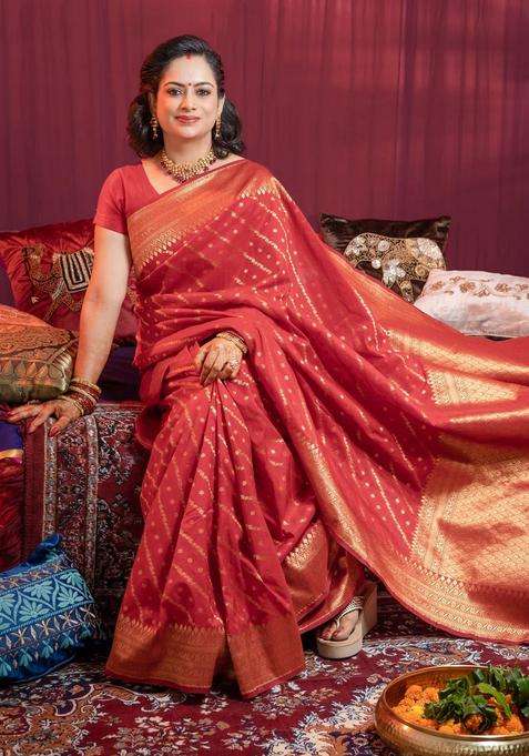 Red Maroon Color Leheriya Banarasi Silk Saree With Richness Of Golden Zari With Traditional Woven Design For Women