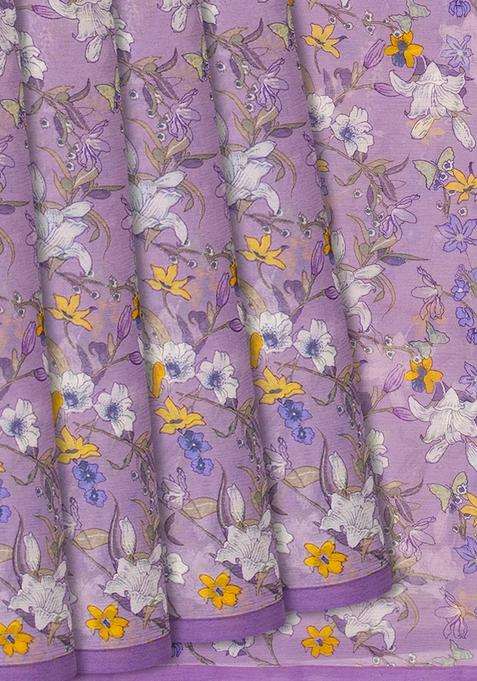 Lavender Woven Chiffon Silk Saree With Printed Floral Motifs Lavander For Women
