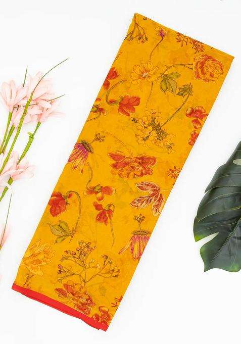 Mustard Woven Digital Printed Chiffon Silk Saree With Floral Motifs For Women