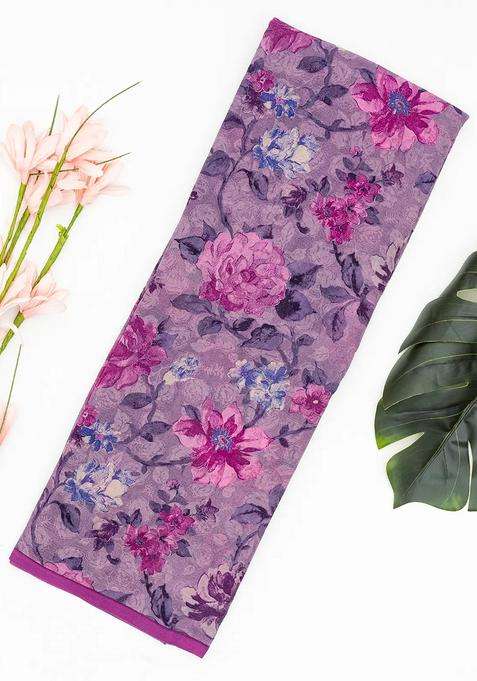 Lilac Woven Digital Printed Chiffon Silk Saree With Floral Motifs For Women