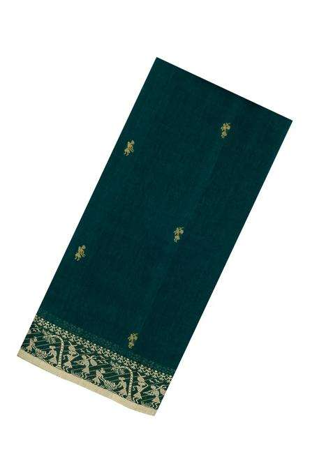 Bottle Green Handloom Bengal Cotton Saree With Tribal Motifs With Buttas And Brocade Design For Women