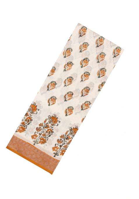 Off White Printed Chanderi Cotton Saree With Mustard Zari Border For Women