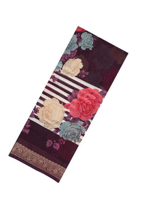 Dark Brown Printed Chanderi Cotton Saree With Zari Border For Women