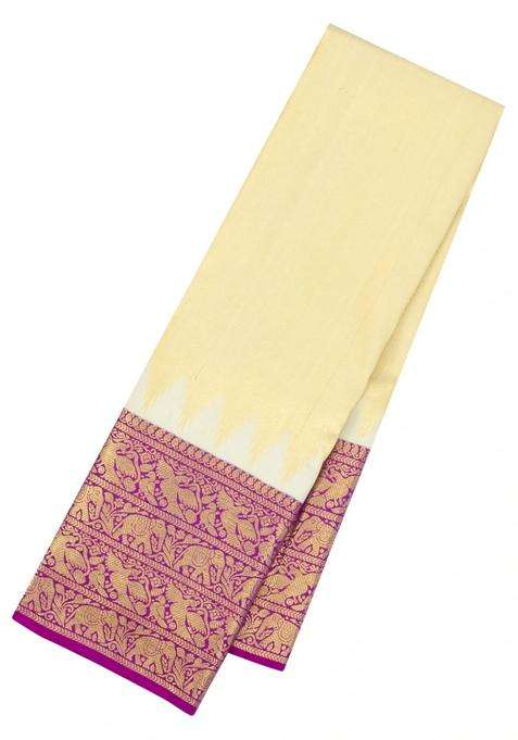 Gold Handloom Korvai Kanchipuram Tissue Silk Saree With Magenta Border With Korvai And Temple Border Design For Women