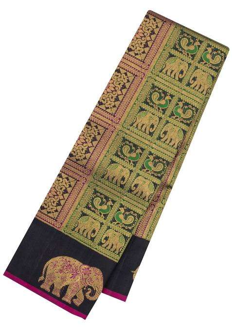 Black Handloom Kanchipuram Silk Saree With Bomkai Motifs With Buttas And Brocade Design For Women