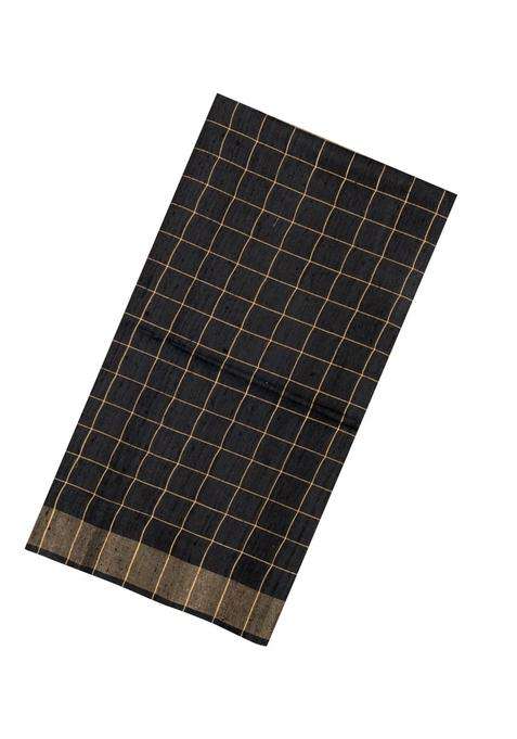 Black Handloom Dupion Silk Saree With Checks Printed Pallu For Women