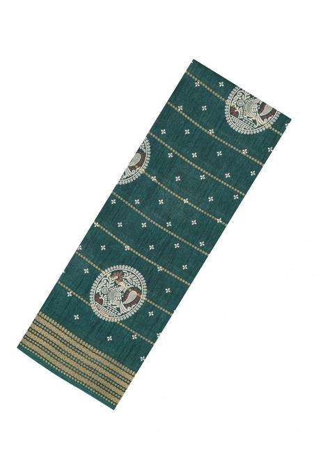 Dark Green Printed Synthetic Dola Silk Saree With Zari Stripes Border Motifs For Women