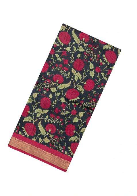 Black Printed Tussar Silk Saree With Floral Motifs For Women