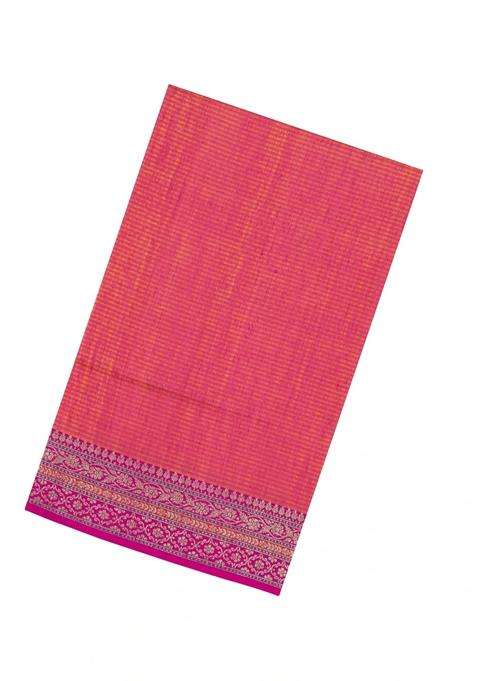 Peach Handloom Banarasi Silk Saree With Stripes Contrast Border With Checks And Stripes Design For Women
