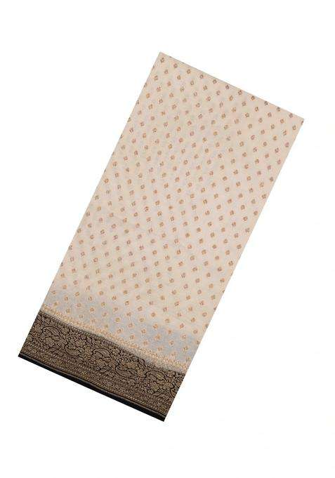 Off White Handloom Banarasi Khaddi Georgette Silk Saree With Contrast Border With Buttas And Brocade Design For Women