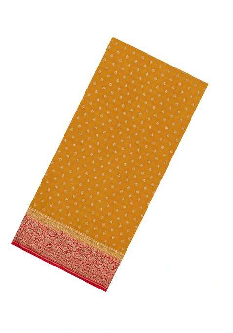 Mustard Handloom Banarasi Khaddi Georgette Silk Saree With Contrast Border With Buttas And Brocade Design For Women