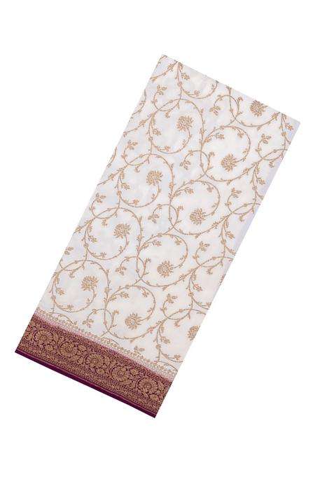 White Handloom Banarasi Khaddi Georgette Silk Saree With Contrast Border With Buttas And Brocade Design For Women