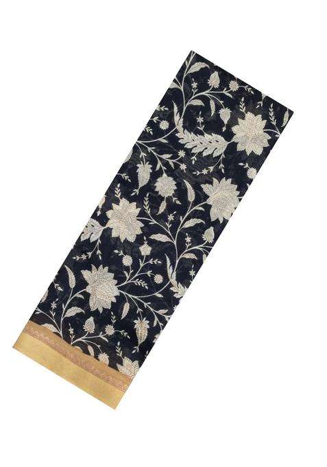 Black Printed Chanderi Cotton Saree With Floral Motifs For Women
