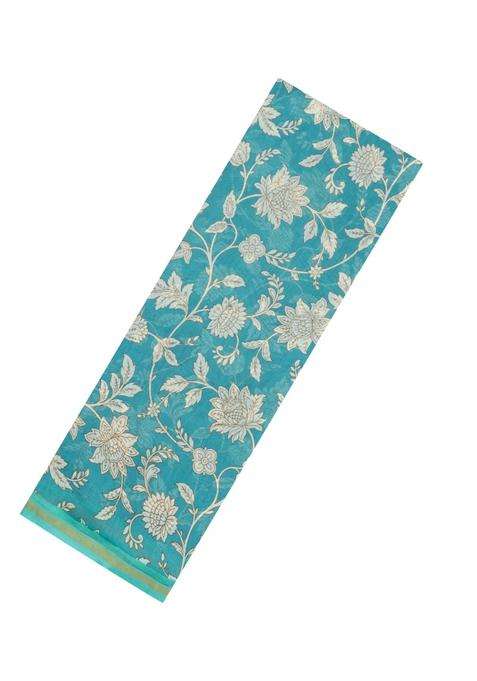 Turquoise Printed Chanderi Cotton Saree With Floral Motifs For Women