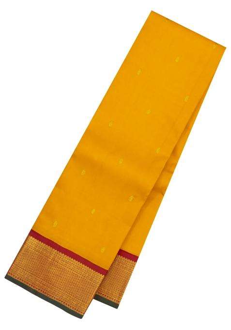Mustard Handloom Korvai Kanchipuram Silk Saree With Buttas With Korvai And Temple Border Design For Women