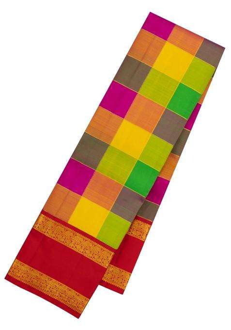 Multi Colour Handloom Korvai Kanchipuram Silk Saree With Checks With Korvai And Temple Border Design For Women
