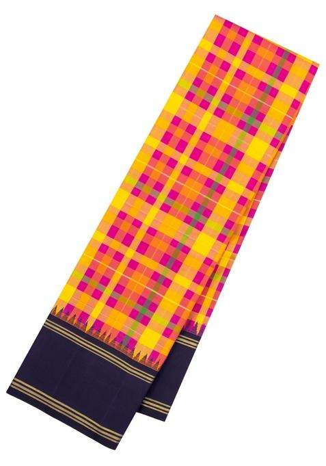Multi Colour Handloom Korvai Kanchipuram Silk Saree With Checks With Korvai And Temple Border Design For Women