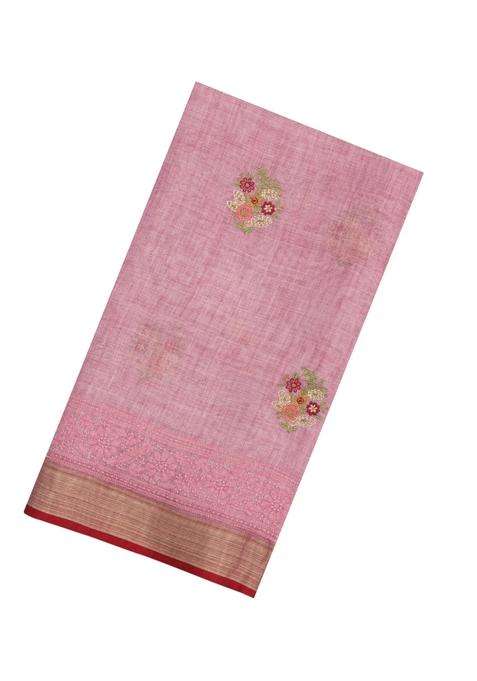 Dusty Pink Embroidered Linen Saree With Floral Motifs For Women