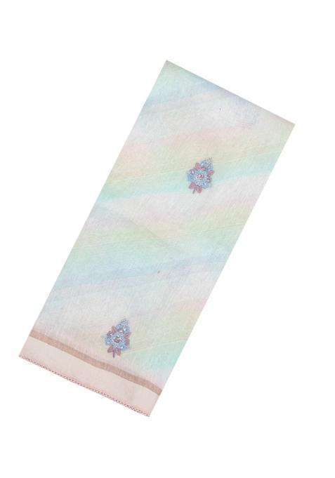 Multicolor Handloom Linen Saree With Embroidered Floral Motifs For Women