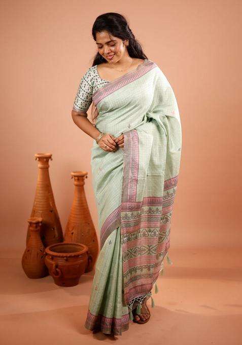 Cardamom Green Printed Synthetic Tussar Silk Saree With Zari Checks For Women