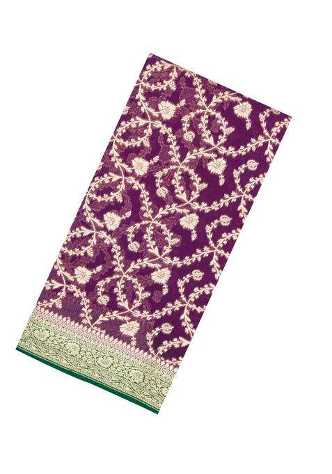 Dark Purple Handloom Banarasi Khaddi Georgette Silk Saree With Contrast Border With Buttas And Brocade Design For Women