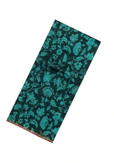 Black Handloom Linen Saree With Printed Turquoise Floral Motifs For Women