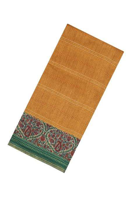 Mustard Printed Tussar Silk Saree With Floral Motifs In Border For Women