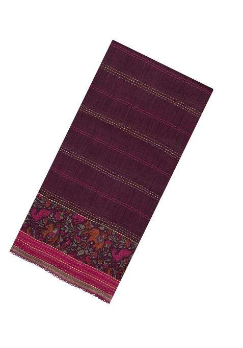 Burgundy Printed Tussar Silk Saree With Floral Motifs In Border For Women
