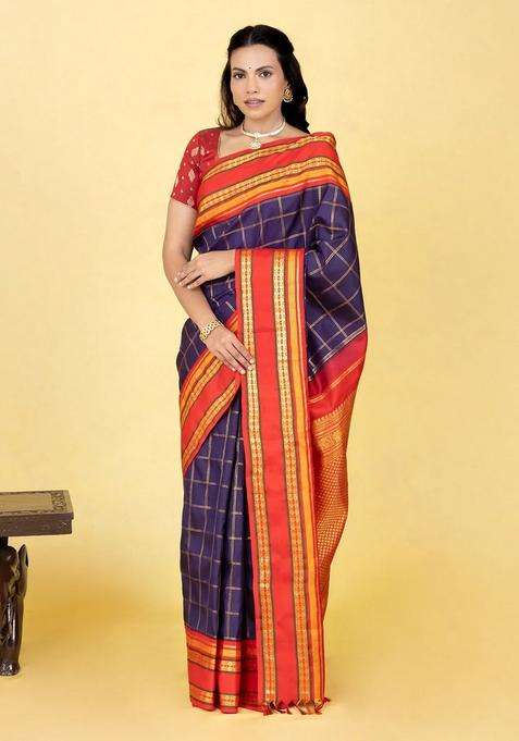 Deep Purple Handloom Korvai Kachipuram Silk Saree With Zari Checks With Korvai And Temple Border Design For Women
