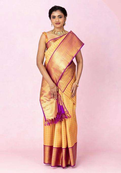 Multi Colour Handloom Korvai Kanchipuram Silk Saree With Checks With Korvai And Temple Border Design For Women