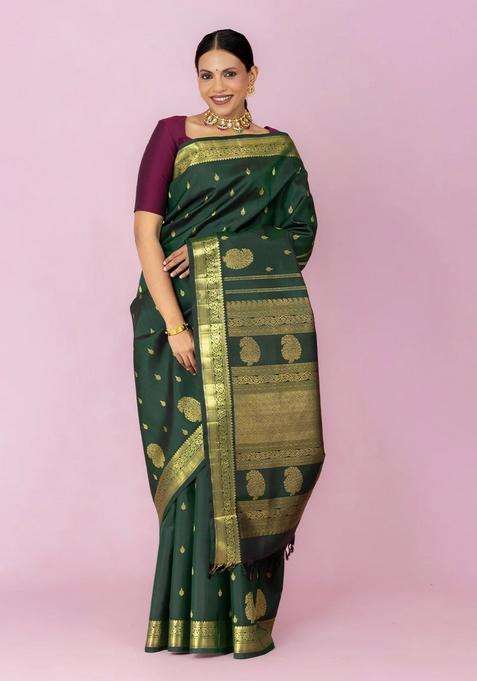 Bottle Green Handloom Kanchipuram Silk Saree With Zari Buttas With Buttas And Brocade Design For Women