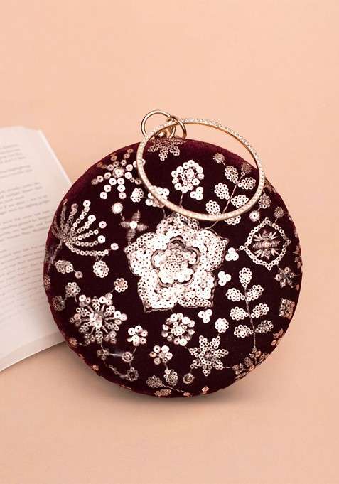 Maroon Satin Floral Embroidered Sequinned Round Shaped Box Clutch