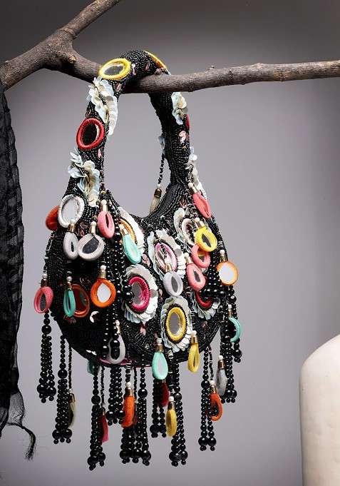 Tipify Black And Multi Mirror Work Embellished Velvet Purse