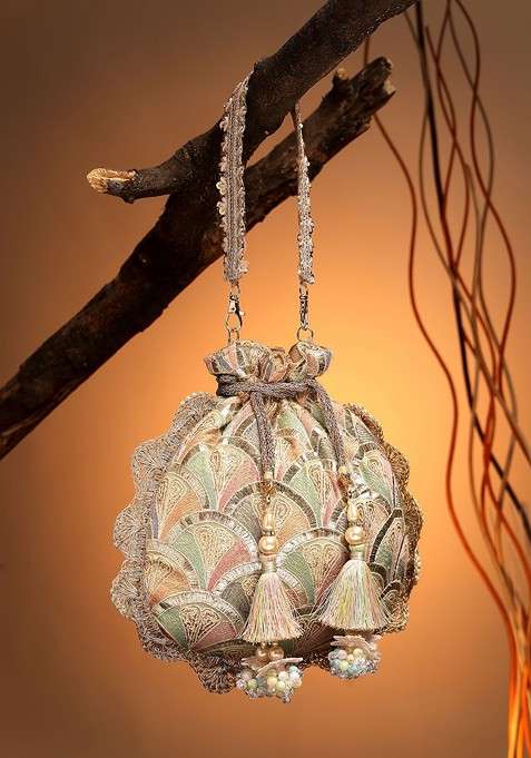 Dangle Champagne Gold And Pastel Multi Scale Embroidered Georgette Potli
