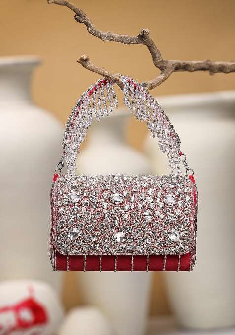 Deep Pink Fuchsia And Silver Beadwork Suede Clutch