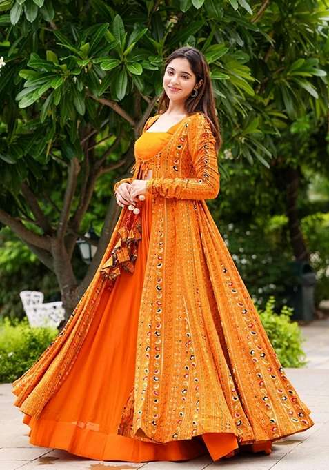 Yellow Faux Georgette Jacket Set with Digital Print for Diwali | Wedding & Festive Wear