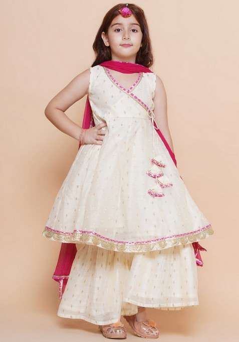 Off White Embroidered Kurta With Sharara And Dupatta (Set of 3)