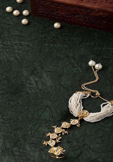 Cream Gold Plated Kundan Pearl Hathphool