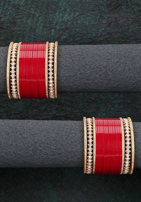 Red Stone Studded And Beaded Gold Plated Chuda Bangle Set