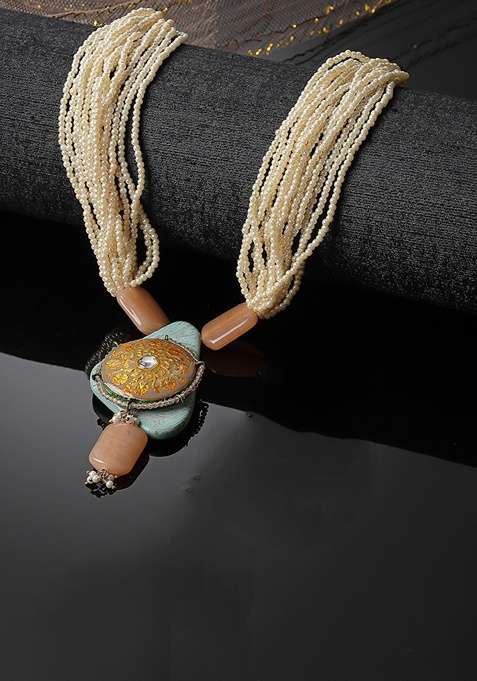 Grey And Yellow Gold Plated Kundan Pearl Haar Necklaces
