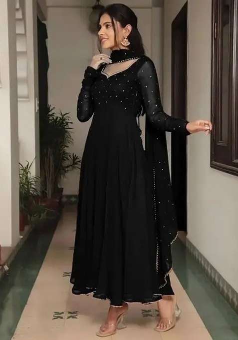 Black Embellished Georgette Anarkali With Dupatta