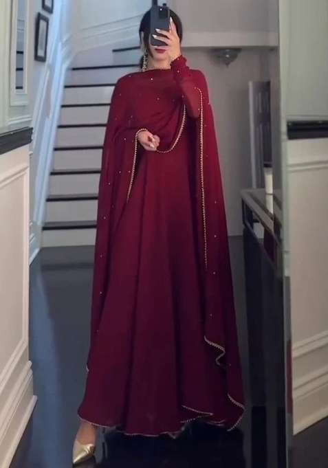 Maroon Embellished Georgette Anarkali With Dupatta